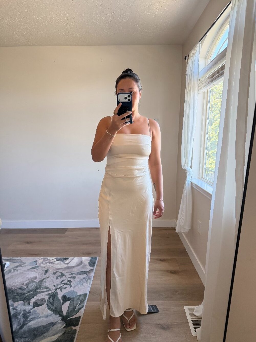 ASTR Satin Slip Dress | Light Peach Maxi Dress | Side Slit | Adjustable Straps M